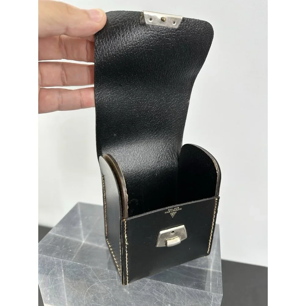 Vintage HH&W Black Leather Metal Closure Lens Or Filter Case Made In England (Z)
